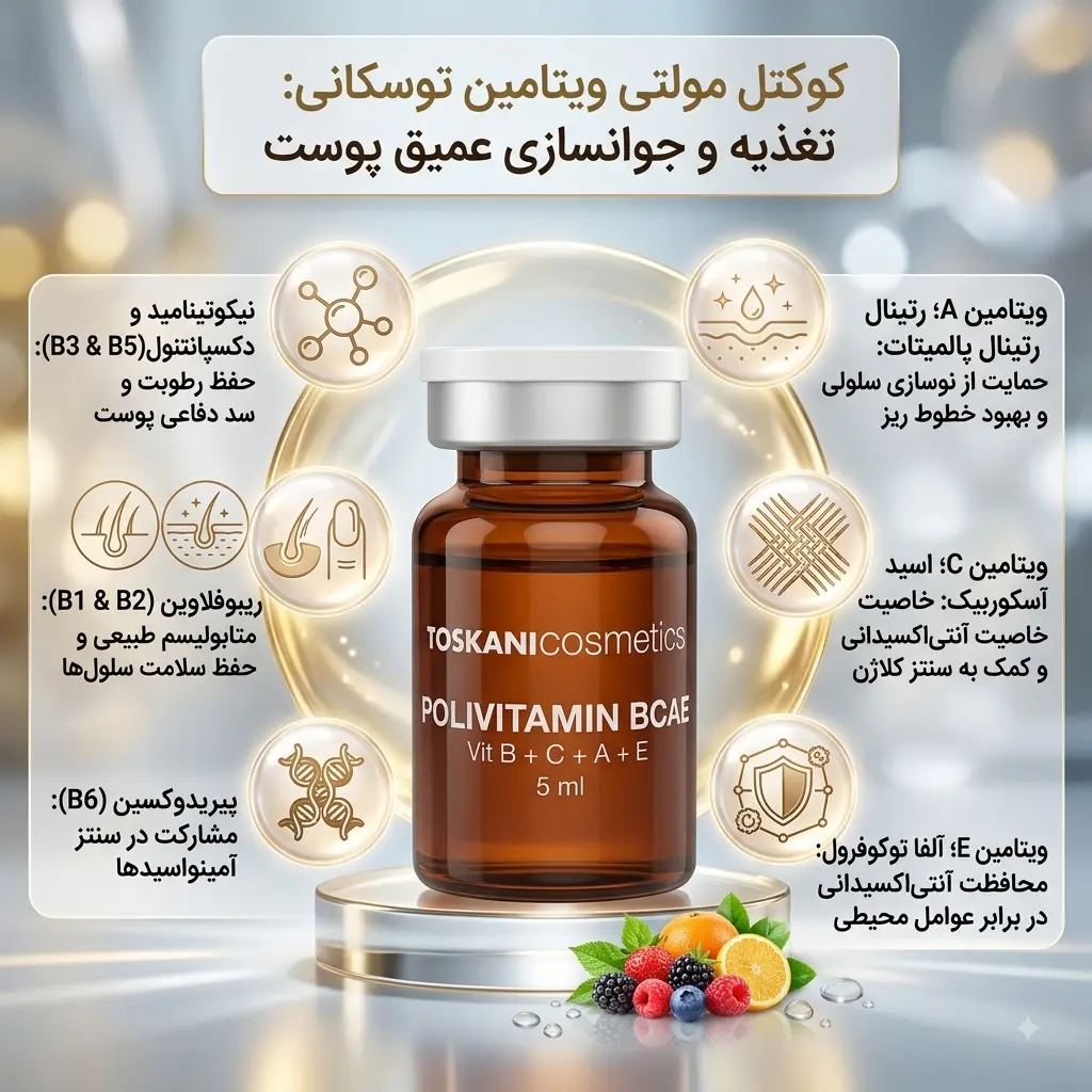 نمای نزدیک از کوکتل مولتی ویتامین توسکانی به همراه ترکیبات و کاربردها روی پس زمینه آبی.