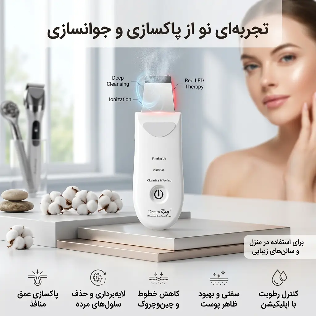 پوستر تبلیغاتی اتوی پوست و درم‌ابرژن Dream Ray در کناری از چهره یک خانم با پوست شفاف؛ نشان‌دهنده عملکرد پاکسازی عمق منافذ، لایه‌برداری، کاهش چین‌ و چروک، سفتی پوست و کنترل رطوبت با اپلیکیشن.