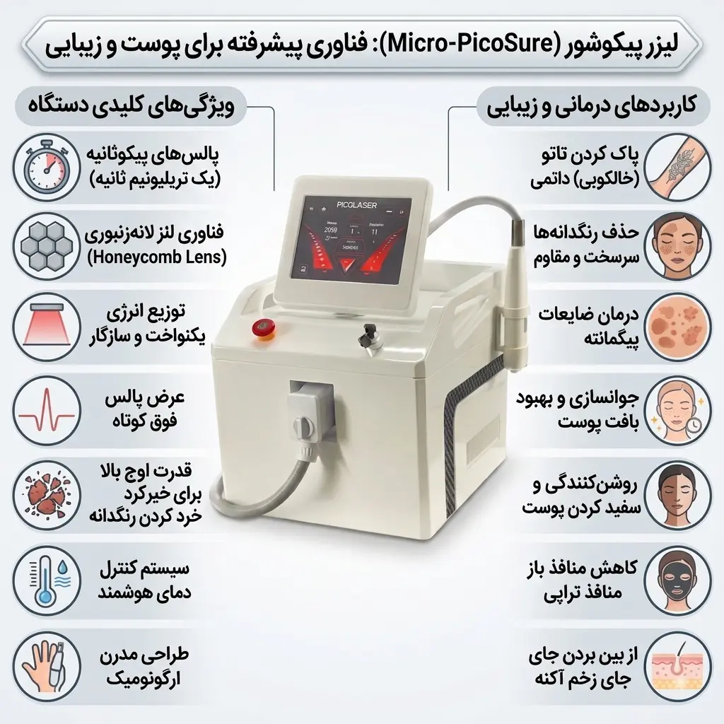 اینم یه متن ALT کوتاه و استاندارد برای سئو: اینفوگرافیک معرفی دستگاه لیزر میکرو پیکوشور (Micro-PicoSure) همراه با تصویر دستگاه، ویژگی‌های فنی و کاربردهای درمانی و زیبایی پوست به زبان فارسی.
