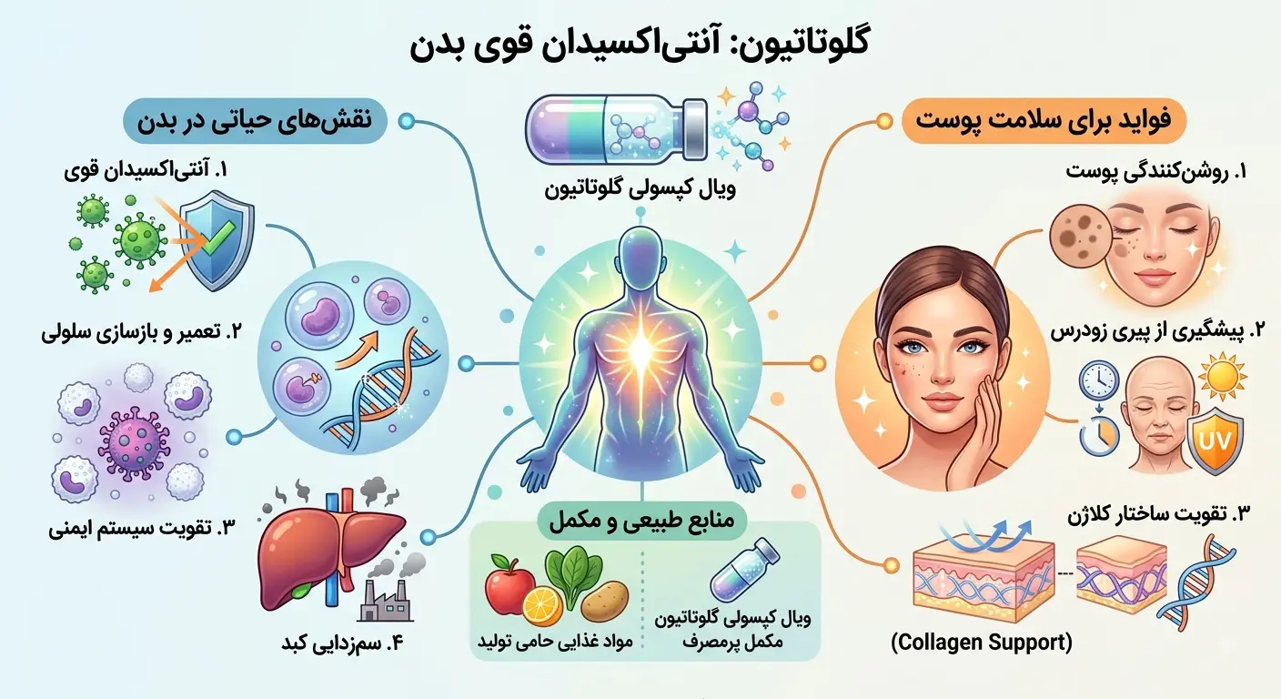 یک اینفوگرافیک جامع به زبان فارسی که فواید گلوتاتیون را به عنوان "آنتی‌اکسیدان قوی بدن" نشان می‌دهد. این تصویر دارای یک فیگور مرکزی بدن انسان است که به دو بخش اصلی تقسیم شده است: "نقش‌های حیاتی در بدن" در سمت چپ و "فواید برای سلامت پوست" در سمت راست. بخش‌های مختلف شامل تصویرسازی‌هایی برای آنتی‌اکسیدان قوی، تعمیر و بازسازی سلولی، تقویت سیستم ایمنی، سم‌زدایی کبد، روشن‌کنندگی پوست، پیشگیری از پیری زودرس، و تقویت ساختار کلاژن است. یک بخش مرکزی دیگر به "ویال کپسولی گلوتاتیون" و "منابع طبیعی و مکمل" اختصاص دارد. تمامی متون فارسی و توضیحات مربوطه به طور واضح نمایش داده شده‌اند.