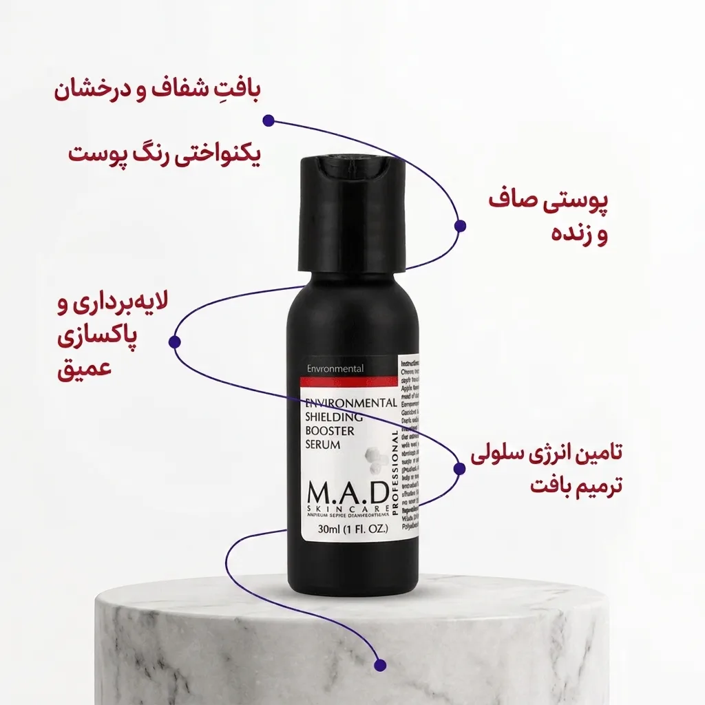 سرم محافظتی محیطی M.A.D با بطری مشکی روی پایه مرمرین سفید همراه با خطوط راهنما و ویژگیهای محصول به زبان فارسی شامل لایهبرداری، ترمیم بافت و شفافیت پوست.