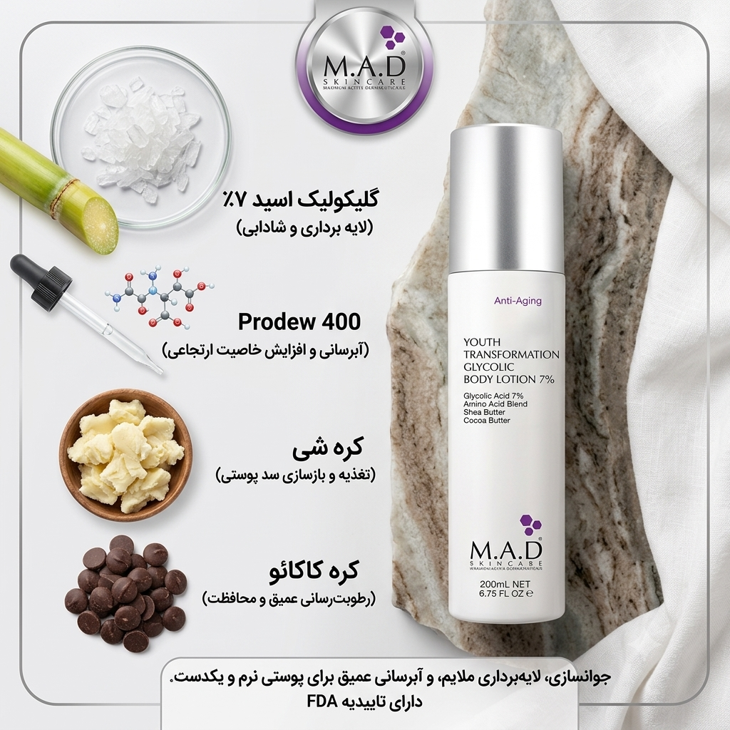 معرفی لوسیون بدن جوانساز گلایکولیک ۷٪ ام ای دی – M.A.D