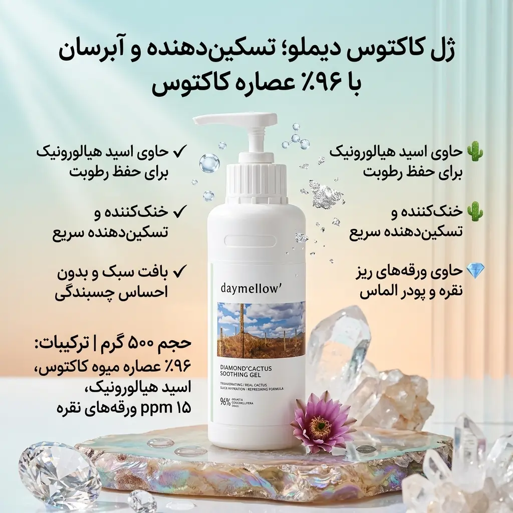 ژل کاکتوس دیملو؛ ژل تسکیندهنده و آبرسان با ۹۶٪ عصاره میوه کاکتوس