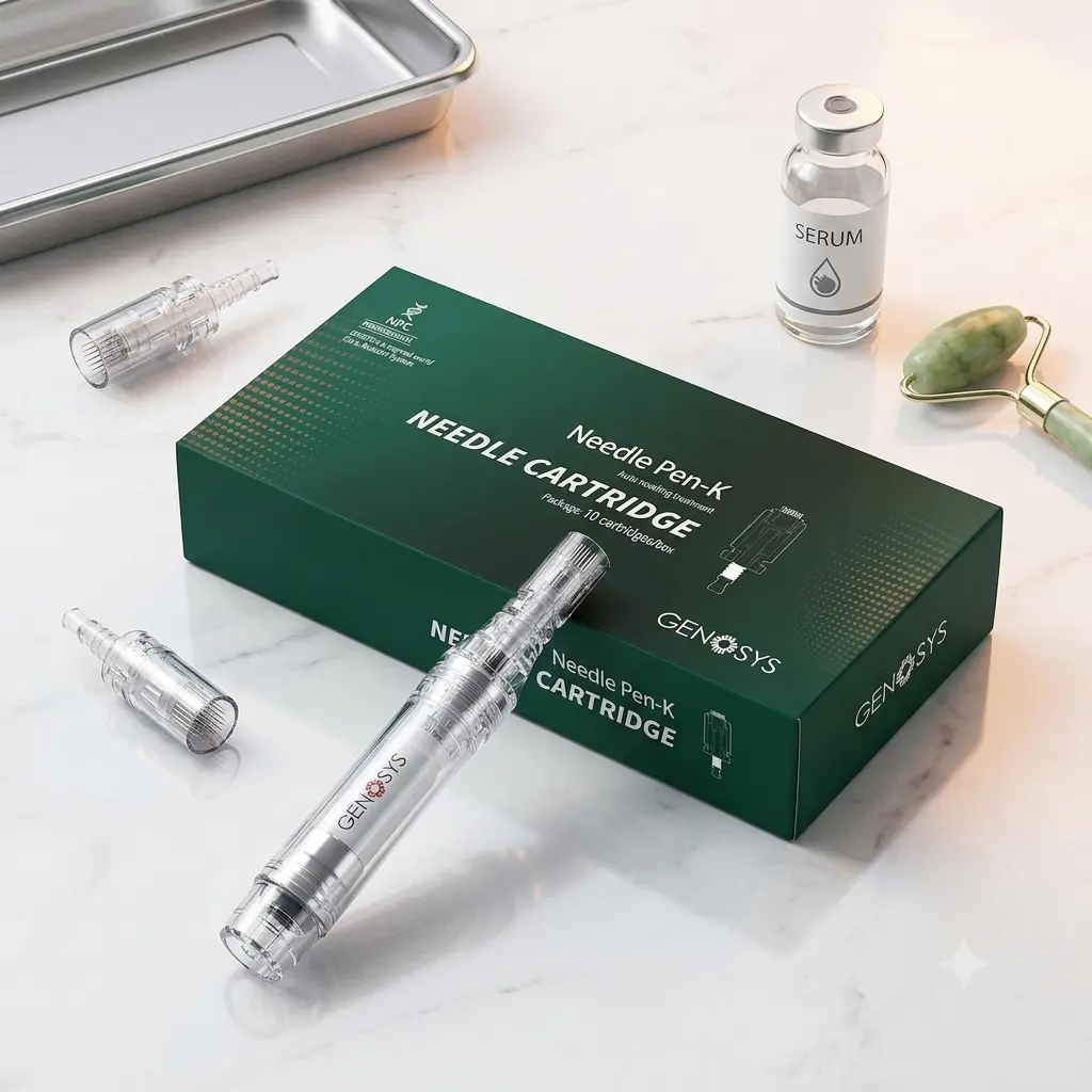 جعبه سبز رنگ کارتریج ۱۶ سوزنه میکرونیدلینگ ژنوسیس مدل Pen-K به همراه سوزن‌های شفاف و قلم میکرونیدلینگ روی میز کلینیک