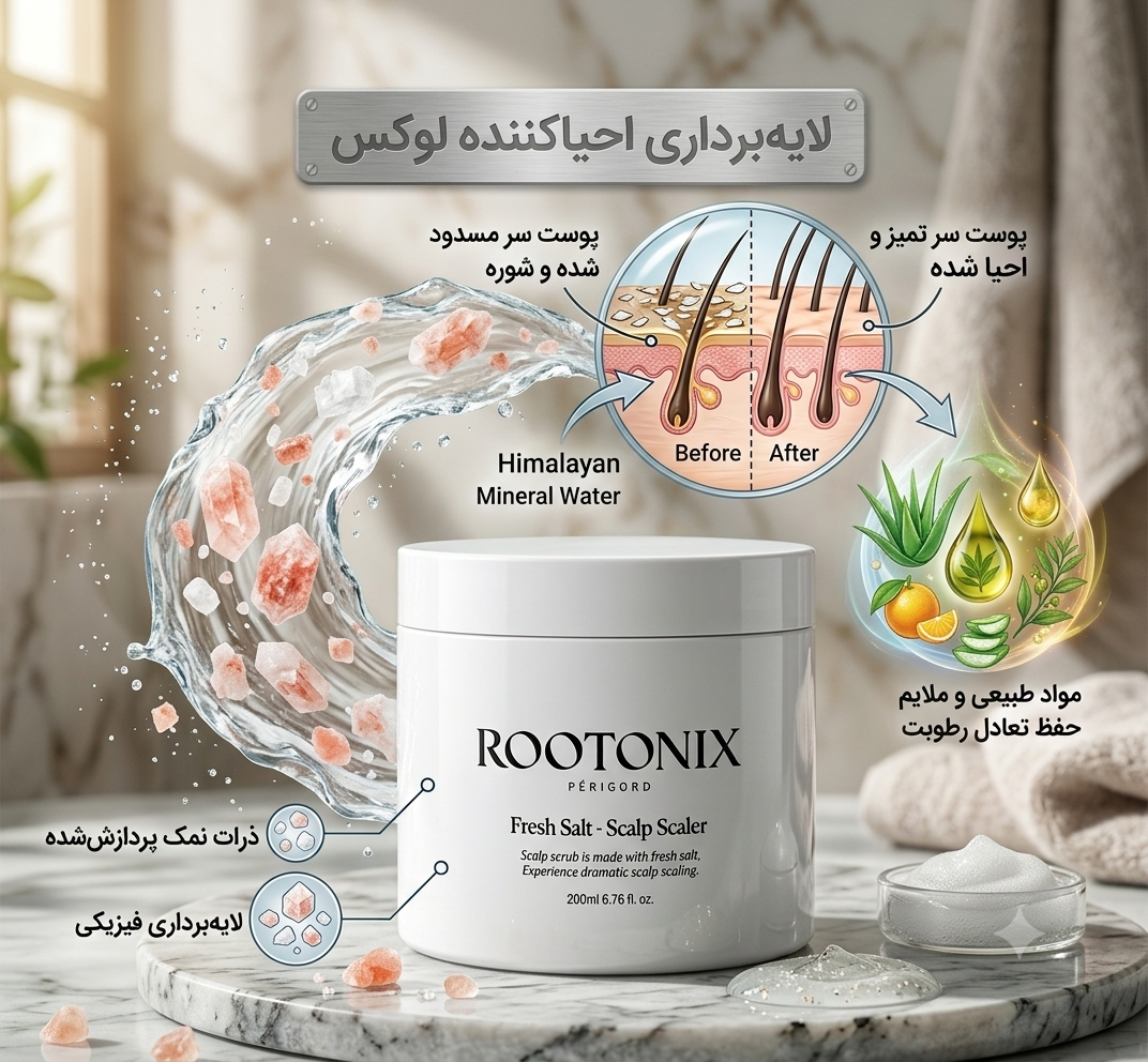 اسکراب نمک کف سر 'روتونیکس' (Rootonix). در مرکز، قوطی سفید محصول روی یک سنگ مرمر