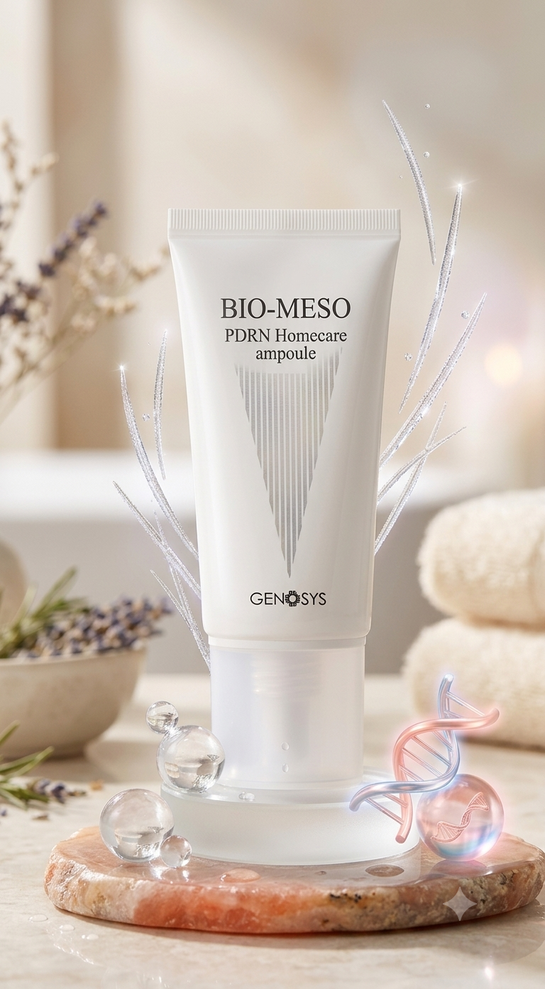 این یک تصویر تبلیغاتی و استودیویی از محصول «BIO-MESO PDRN Homecare ampoule» از برند «GENOSYS» است. تصویر یک تیوب سفید رنگ حاوی محصول را نشان میدهد که بر روی یک پایه مرمرین صورتی و سنگی قرار گرفته است.