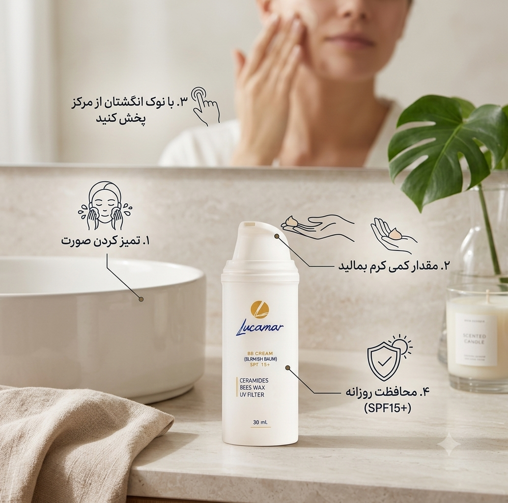 راهنمای استفاده (اینفوگرافیک) از محصول «BB CREAM (BLEMISH BALM) SPF 15+» از برند «Lucamar»
