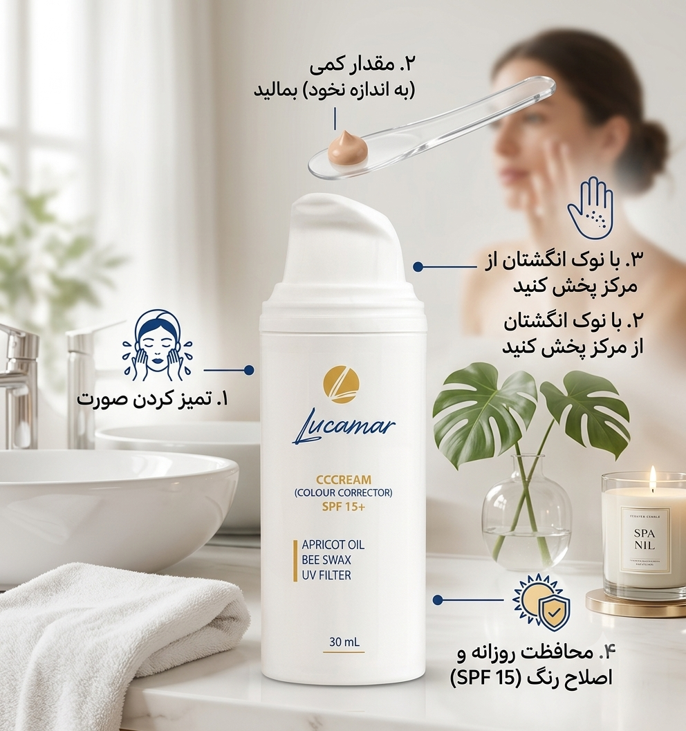 راهنمای استفاده (اینفوگرافیک) از محصول «CC CREAM (COLOUR CORRECTOR) SPF 15+» از برند «Lucamar»