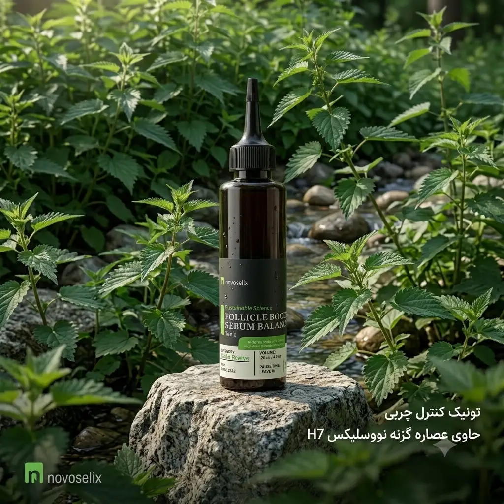 تونیک کنترل چربی و تقویت فولیکول نووسلیکس (Novoselix) حاوی عصاره گزنه (Nettle)، در یک بطری شیشهای تیره با قطرهچکان اختصاصی، که روی یک تکه سنگ طبیعی در میان گیاهان گزنه و یک جویبار کوچک در جنگل قرار گرفته است.