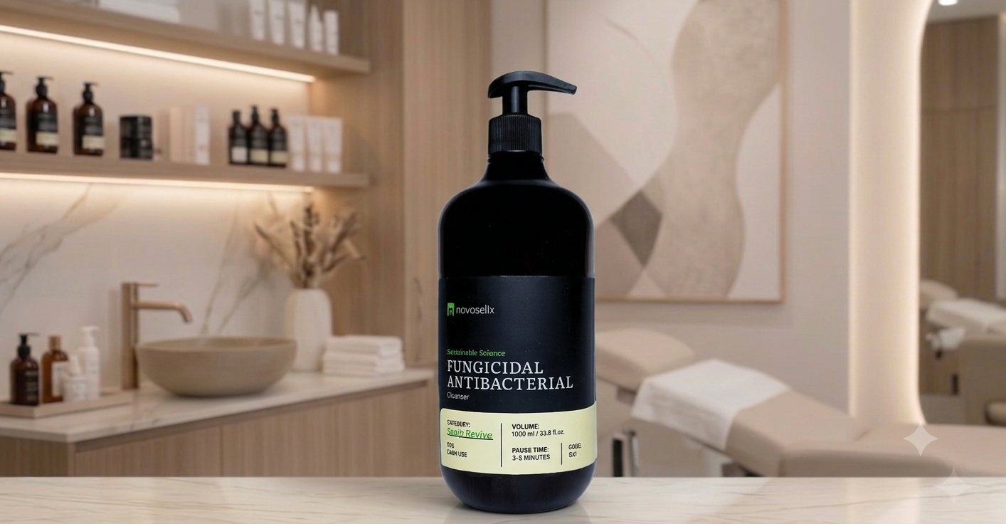 نمای نزدیک از بطری بزرگ مشکی رنگ شوینده قارچکش و آنتیباکتریال نووسلیکس (Novoselix Fungicidal Antibacterial) مدل SX1 با حجم ۱۰۰۰ میلیلیتر روی کانتر مرمر، با پسزمینه محو از محیط لوکس کلینیک زیبایی و سالن مراقبت مو