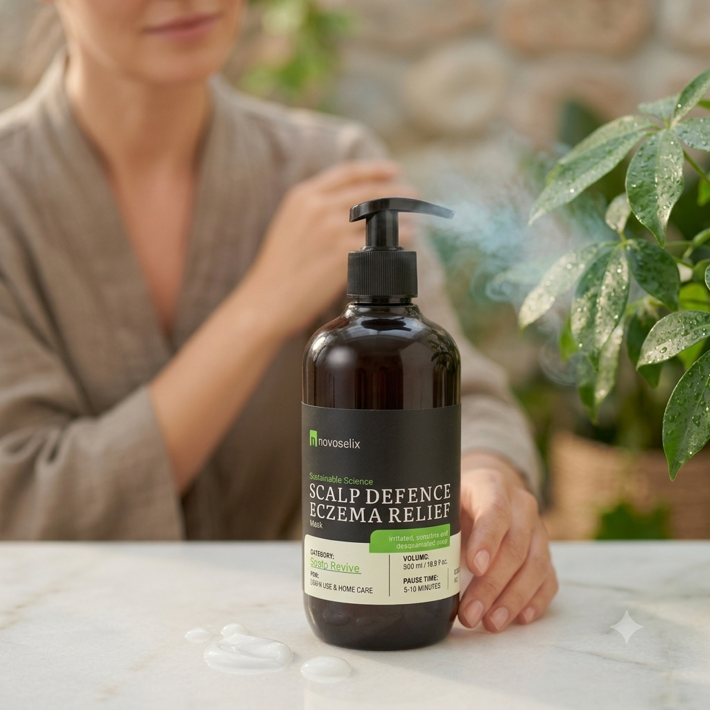 این یک تصویر تبلیغاتی و استودیویی از محصول «SCALP DEFENCE ECZEMA RELIEF Mask» از برند «novoselix» است. تصویر یک بطری پمپی قهوه‌ای رنگ و بزرگ حاوی محصول را نشان می‌دهد که بر روی یک سطح مرمرین سفید قرار گرفته است.