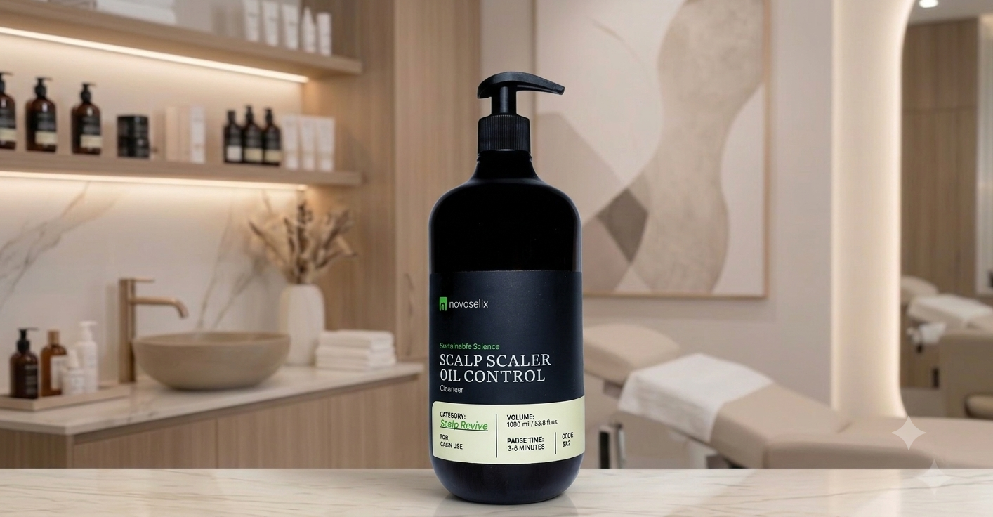نمای نزدیک از بطری بزرگ مشکی رنگ اسکراب و پاککننده عمقی کف سر نووسلیکس (Novoselix Scalp Scaler Oil Control) مدل SX2 با حجم ۱۰۰۰ میلیلیتر روی کانتر مرمر، با پسزمینه محو از محیط لوکس کلینیک زیبایی و سالن مراقبت مو