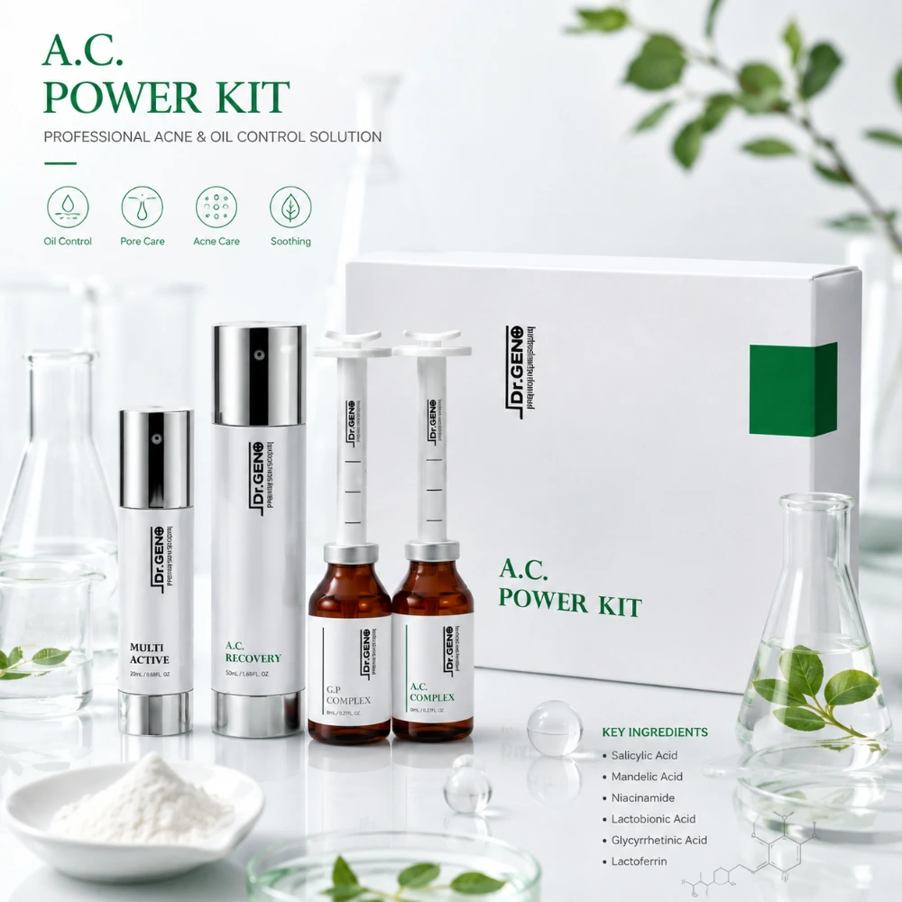 نمای بستهبندی کیت کلینیکال کنترل جوش و چربی دکتر ژنو A.C Power Kit شامل دو ویال G.P Complex و A.C Complex، امولسیون Multi Active، کرم A.C Recovery و جعبه اختصاصی محصول برای پوست چرب و مستعد آکنه