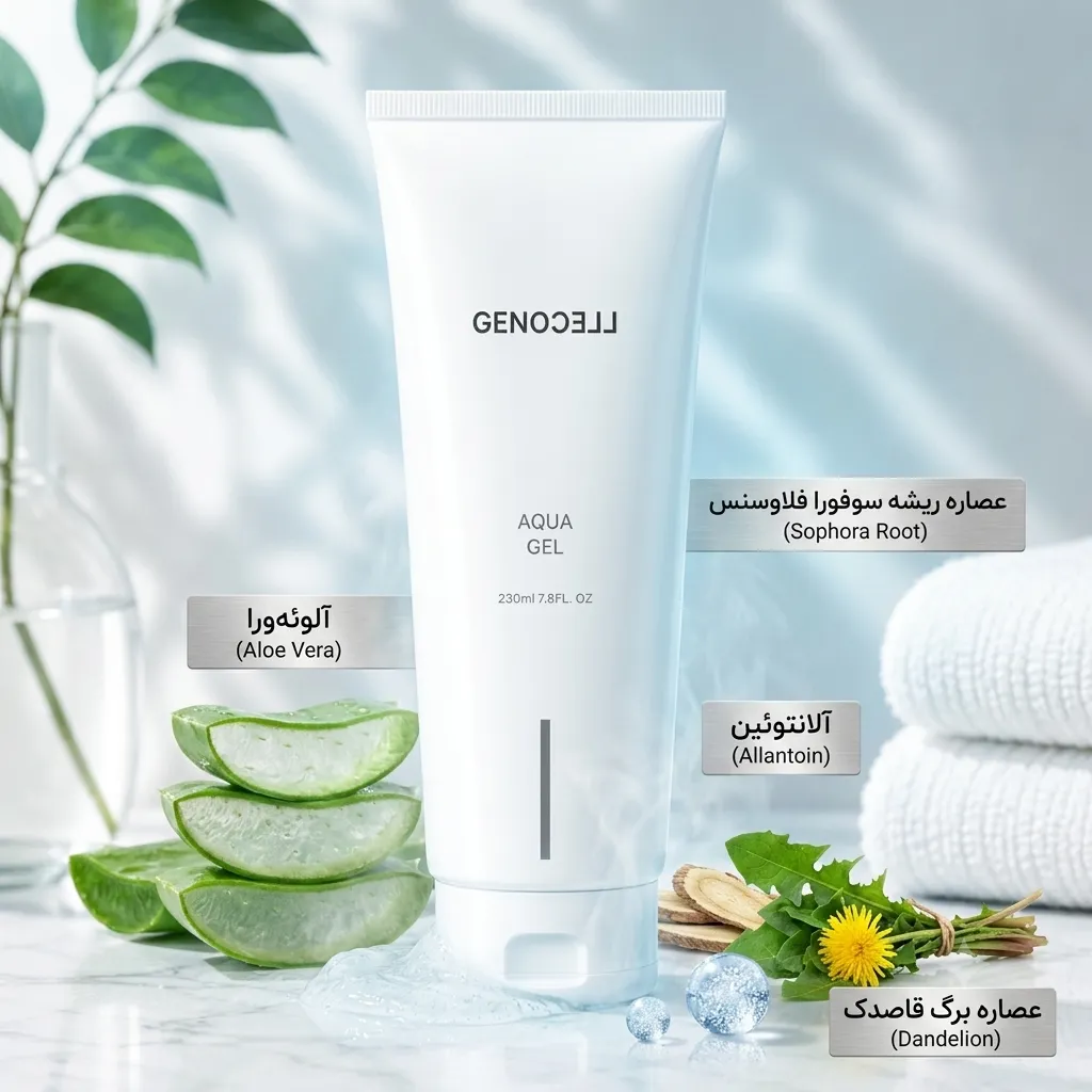 یک تصویر تبلیغاتی و دقیق از تیوپ سفیدرنگ ژل آبرسان و خنککننده صورت برند GENOCELL (GENOCELL Aqua Gel) که روی یک میز سنگی مرمر با پسزمینه سایههای گیاهان و حولههای سفید قرار گرفته است.