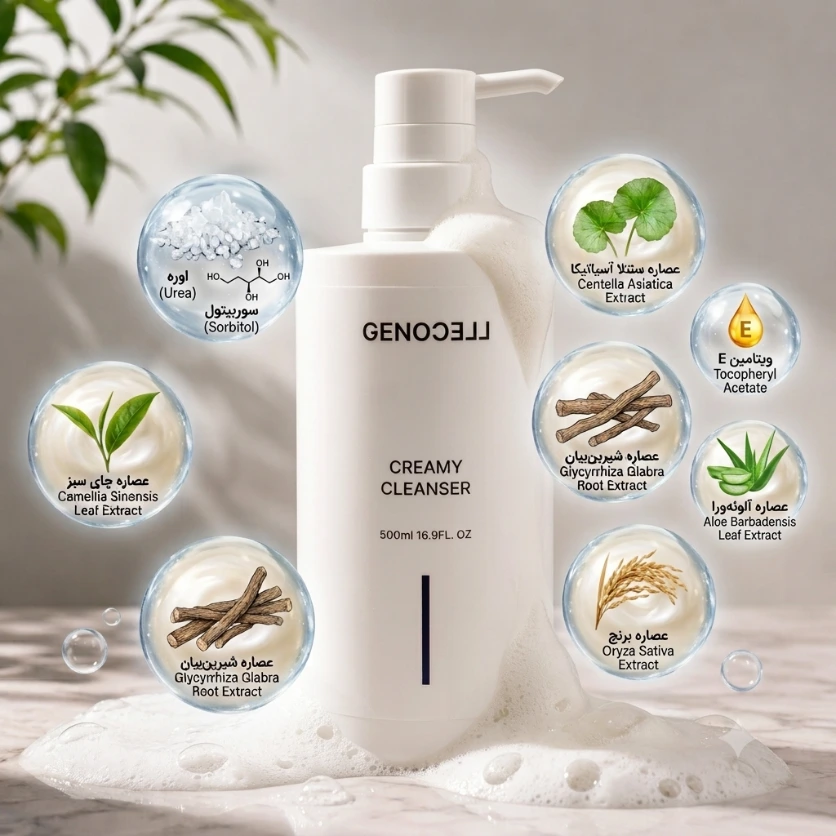 یک تصویر تبلیغاتی استودیویی از شوینده صورت کرمی برند ژنوسل (Genoocell)، ۵۰۰ میلیلیتری، که روی سطح مرمر قرار گرفته و دور آن حبابهای معلق با تصاویر و نام ترکیبات اصلی به زبانهای فارسی و انگلیسی دیده میشود: عصاره چای سبز، عصاره سنتلا، هیالورونیک اسید، عصاره شیرینبیان، ویتامین E، عصاره آلوئهورا و عصاره برنج.