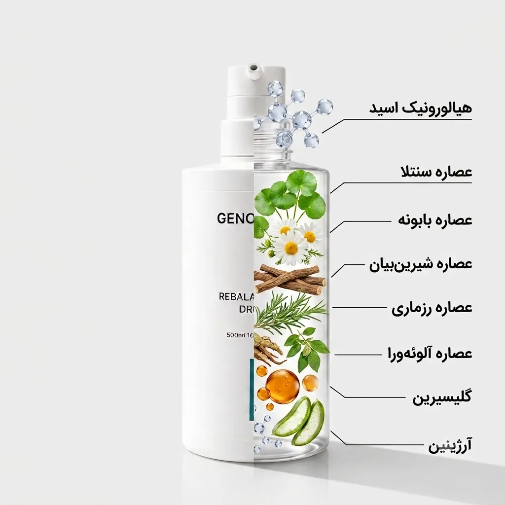 اینفوگرافیک ترکیبات سرم ریبالانسینگ دراپ جنوسل شامل هیالورونیک اسید، سنتلا و عصاره‌های گیاهی